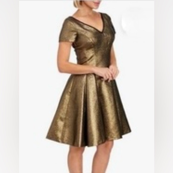 Nue by Shani Dresses & Skirts - NUE by Shani Gold Shimmer Fit & Flare Black Trim Dress w/Pockets Size 8 NWT